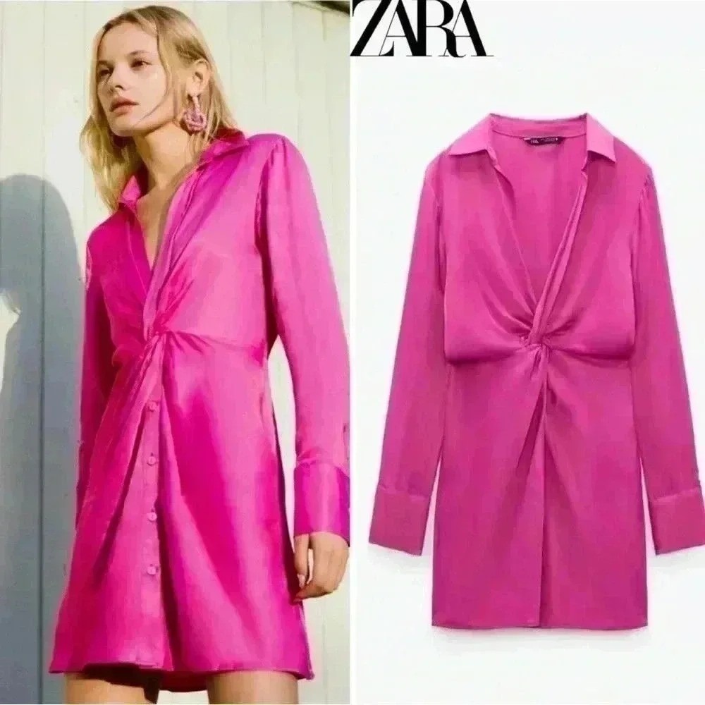 ZARA‎ Pink Satin Twist Front Long Sleeve Shirt Dress Mini sz XS